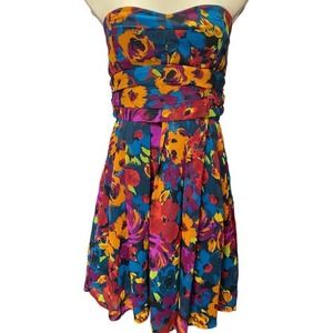 XXI Dress LARGE Multicolor Strapless Sweetheart Neck Mini Pleated Floral Casual